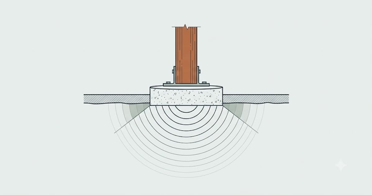 A deck post footing spreading load into the soil beneath it