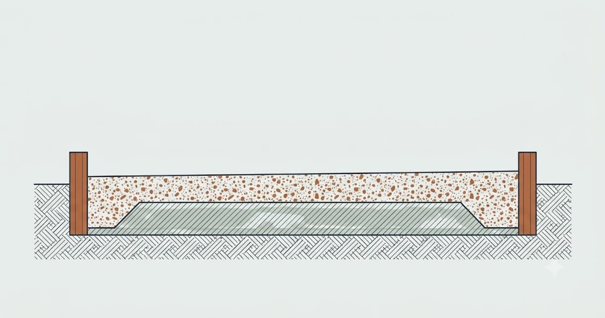 A square patio slab shown in section with its sub-base