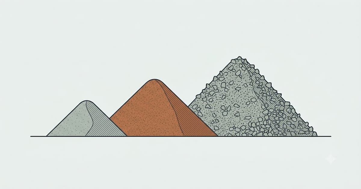 The three components of a 1:2:3 concrete mix shown as separate heaps