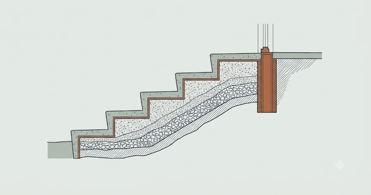 A flight of concrete steps in section with a compacted fill core
