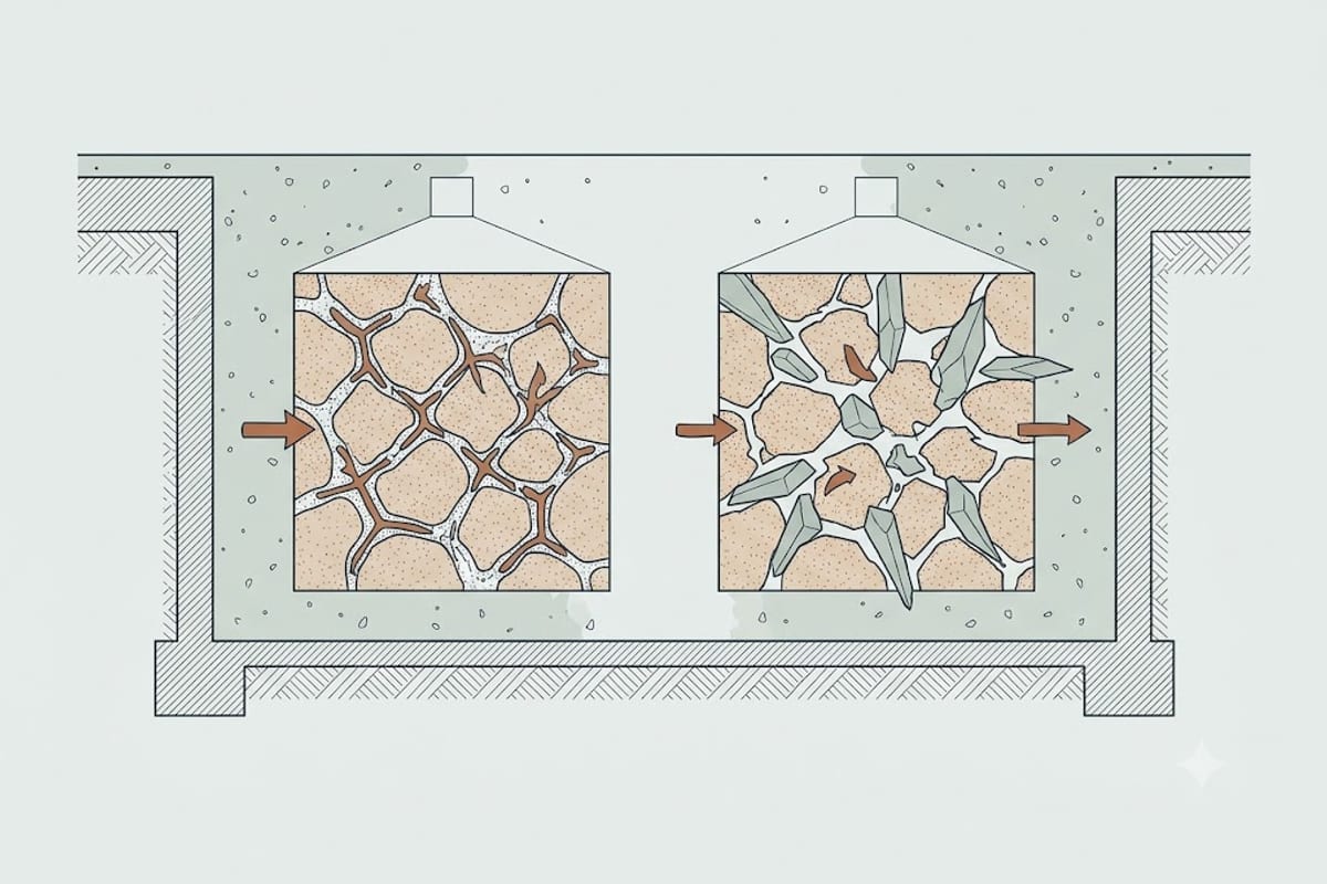 Ice crystals disrupting a paste structure that is still forming