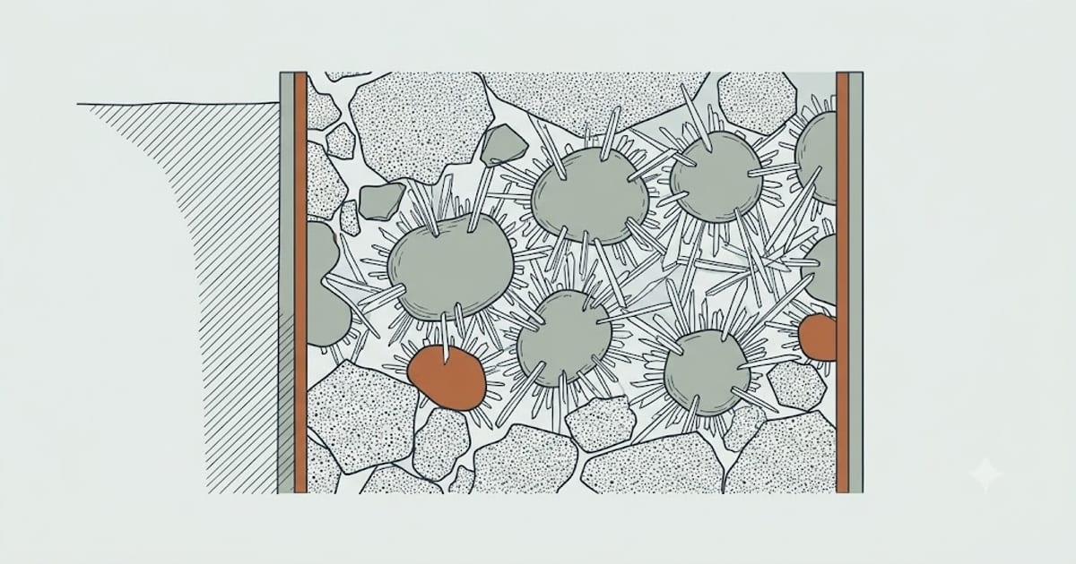 Cement grains growing interlocking crystals as concrete hydrates