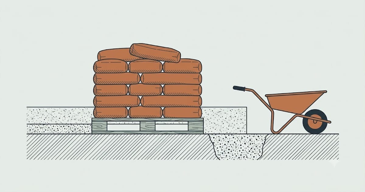 Stacked bags of concrete mix on a pallet