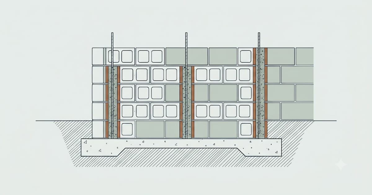 A cutaway concrete block wall showing grouted cores and reinforcement