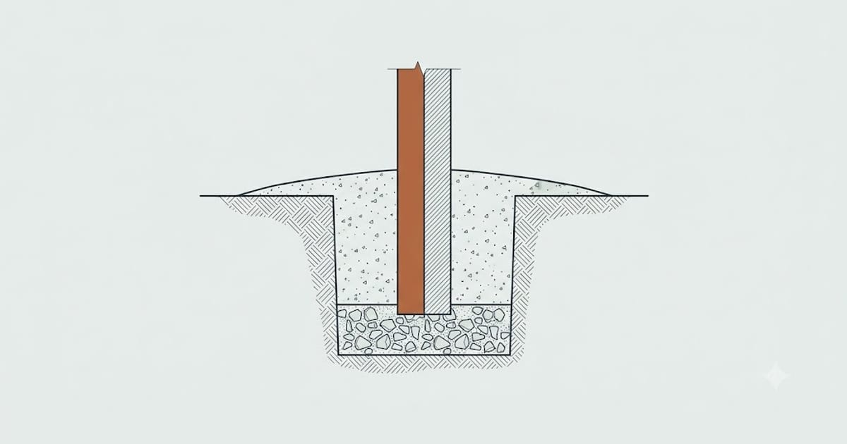 A fence post set in a concrete collar over a gravel base