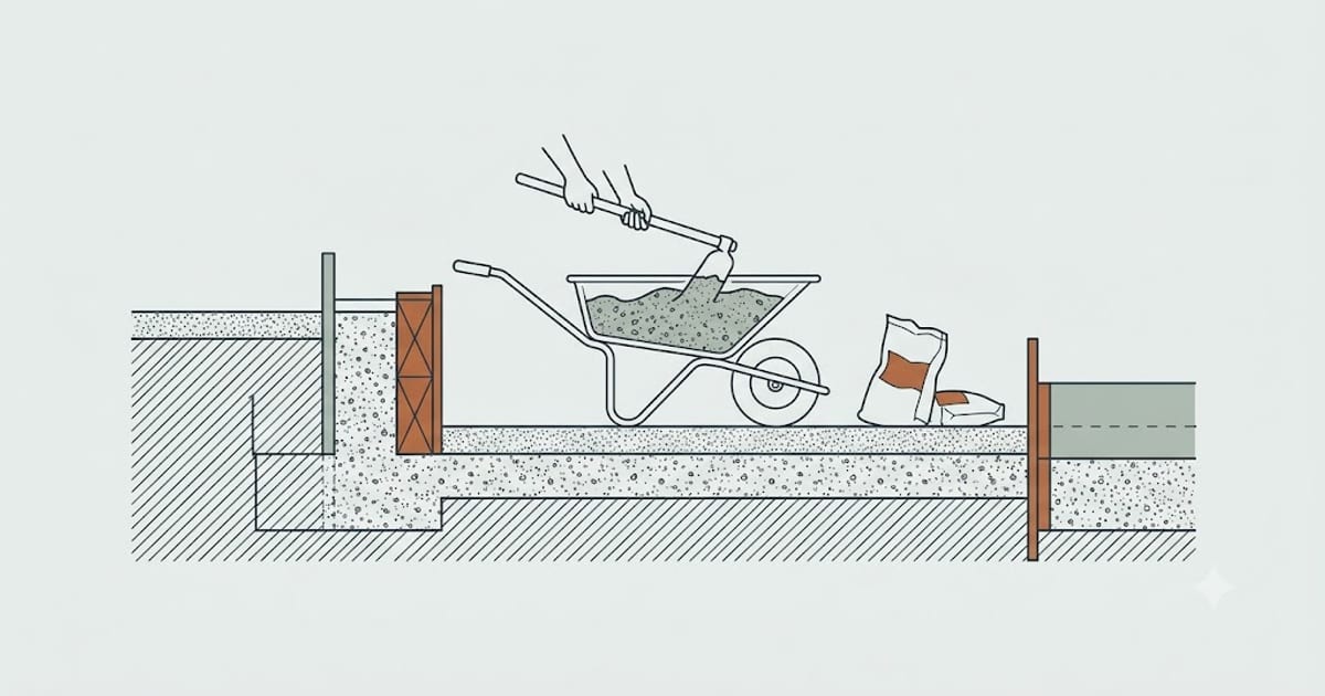 Concrete being mixed in a wheelbarrow