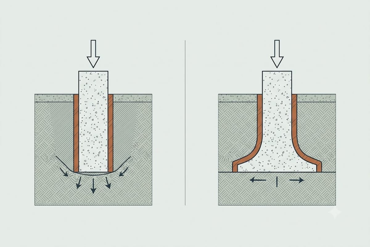 A plain tube base against a flared footing under the same pier