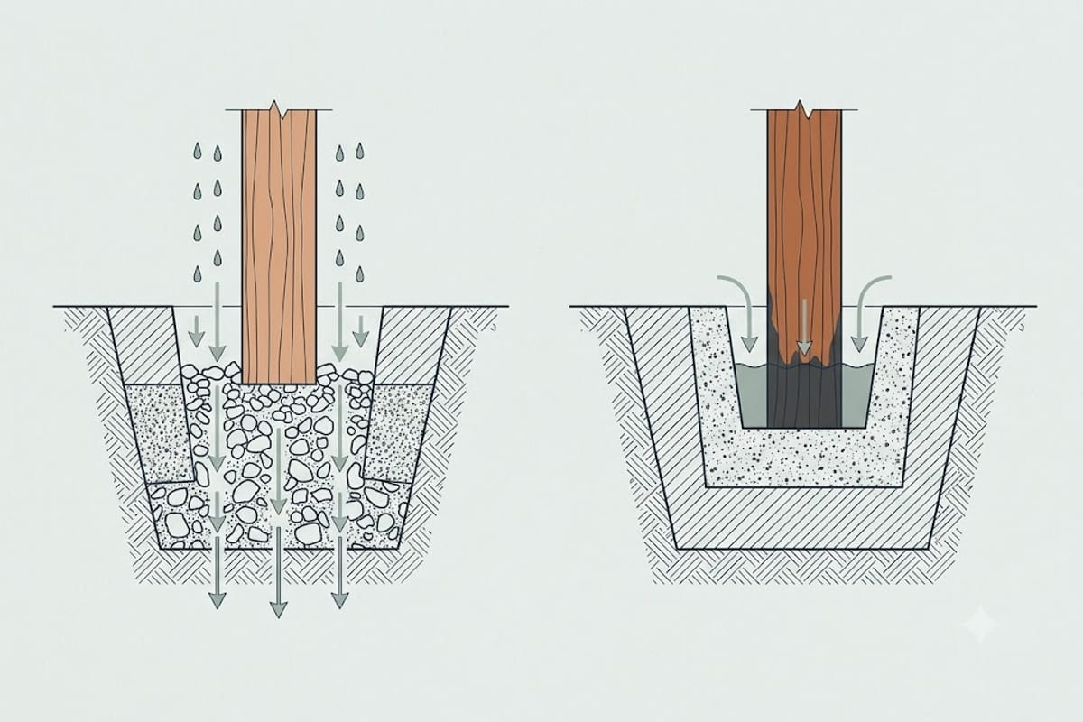 A post on gravel against one fully encased in concrete