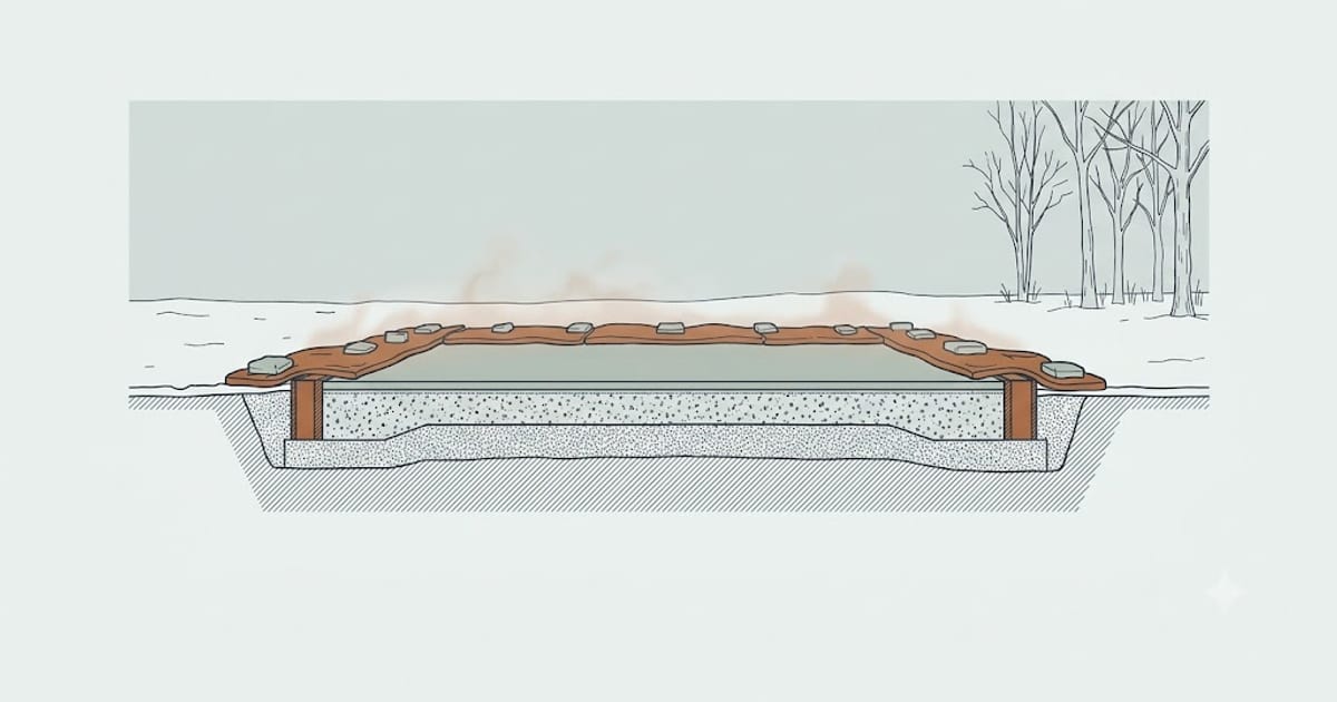 A fresh slab under insulating blankets in a frozen landscape