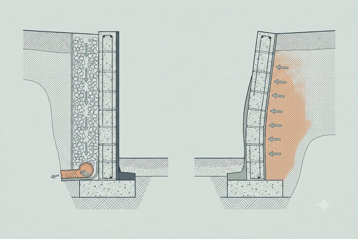A drained wall backfill against an undrained one