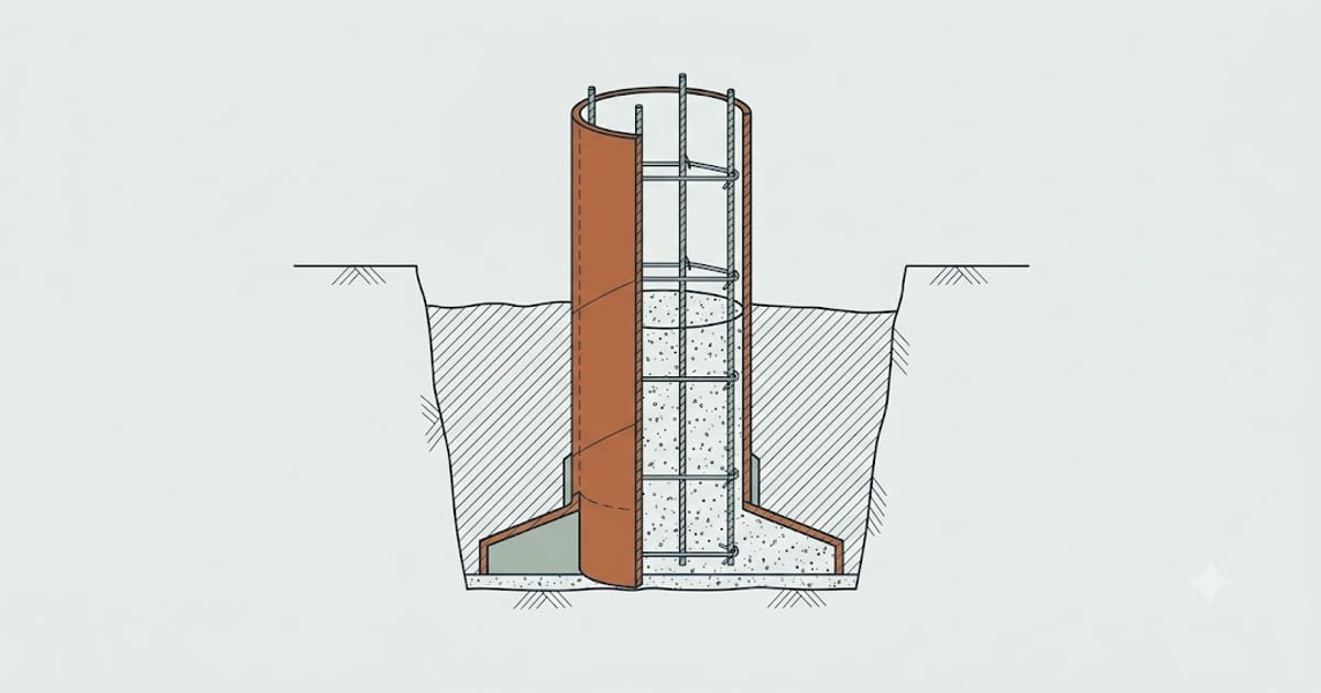 A cardboard form tube on a flared footing with a rebar cage inside