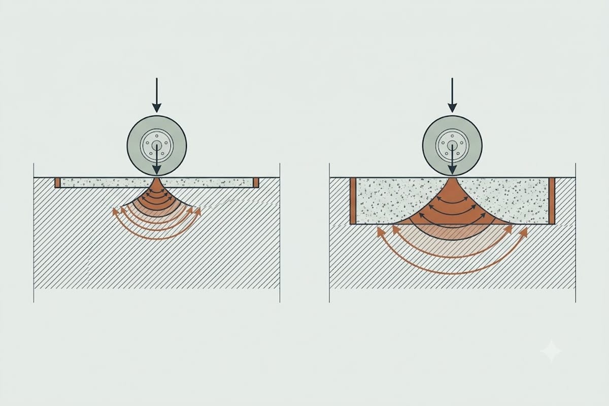 How the same wheel load reaches the base through two slab thicknesses